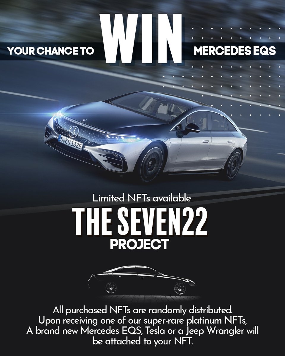 Seven22P's tweet photo. Come learn about the SEVEN22 PROJECT - DAILY GIVEAWAYS in our spaces - Trading NFTs, Crypto, and Gold with Chris Cole #NFT #TRADER #SEVEN22 #CRYPTO #GOLD - Prized Include WSXPRO PASS - 3 Cars = Mercedes ESQ, Jeep Wrangler, Tesla Model T + $70,000 in cash https://t.co/gNht6MGcAd