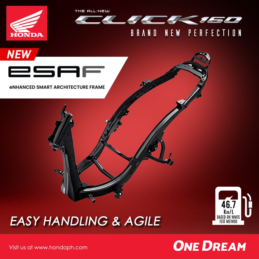 Hondaph_mc's tweet photo. The All-New CLICK160 adapts the Honda’s latest lightweight Frame Technology called Enhanced Smart Architecture Frame or eSAF.
Ride your own CLICK160 today!
#CLICK160
#BrandNewPerfection
#HondaPH
#OneDream https://t.co/sqV4GlAGTf