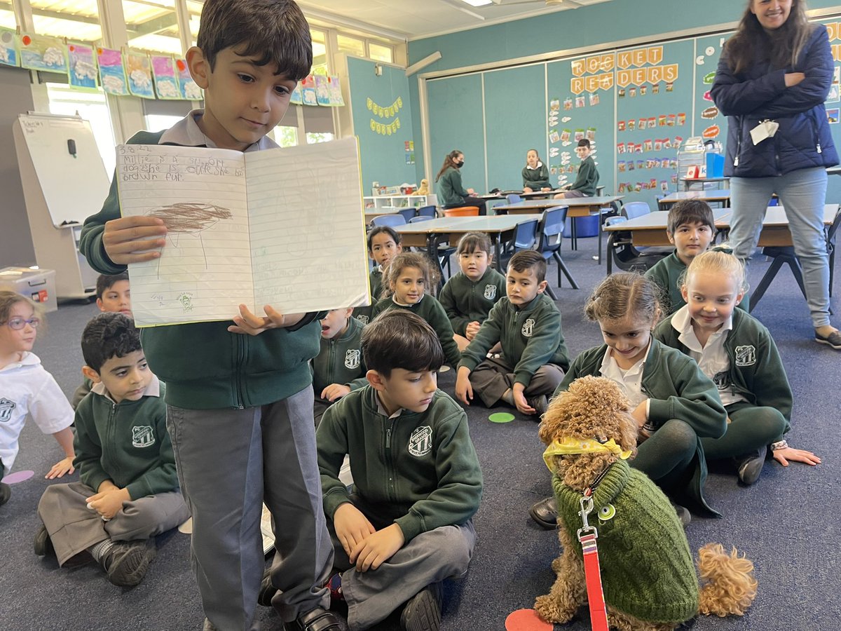 kimelyset1's tweet photo. Millie visiting Kindy today to hear students doing their best addition strategies and sharing their writing. KL even showed Millie how to do Whole Body Listening. @Sherwood_Grange https://t.co/Bxbt3zbrfn