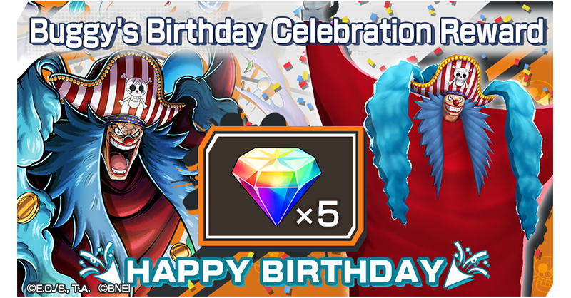 OPBR_global's tweet photo. Today is Buggy's birthday!  
All players who log in will receive x5 Rainbow Diamonds!

Until 8/9 03:59 (scheduled)

#BountyRush  #ONEPIECE https://t.co/YfwTh3mjf6 https://t.co/wOC5MuMRQA