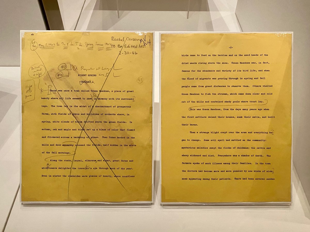 One of the many treasures at @nypl's special exhibit are hand edits on a draft of 'Silent Spring' by Rachel Carson—the 1962 book that is credited with being among the first to demonstrate the negative human impact on the climate. #NYPLTreasures