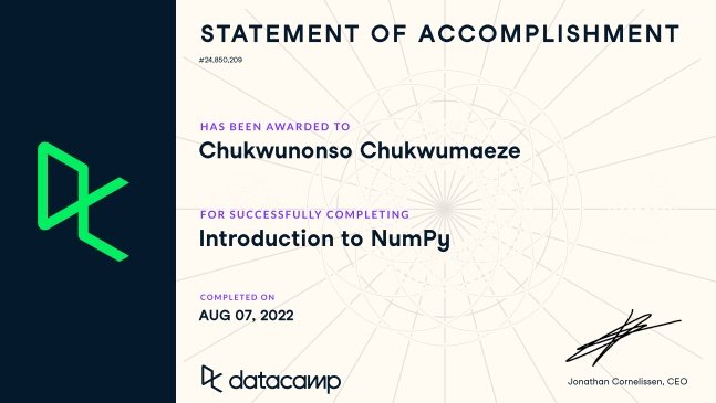 nonso_md's tweet photo. Course 11: Introduction to Numpy.
I have been using Numpy but this was an eye opener, from vectorization and broadcasting to fancy indexing, being the basis on which most Python DS and ML packages are built on, it's a sure knowledge to have.
#I4GDataCamp
#FBFlamesFoundation https://t.co/sh8eMV6KlE