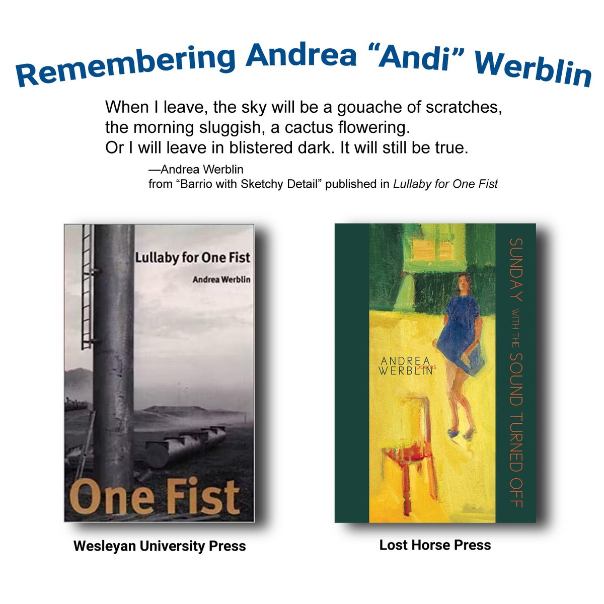 test Twitter Media - We're deeply saddened to learn of the passing of Andrea “Andi” Werblin Reid (11/30/1969–8/5/2022). Read about Andi & help celebrate her life well lived. 
https://t.co/wHoYSb7haC
#LullabyForOneFist #SundayWithTheSoundTurnedOff #AndiWerblin #AndreaWerblin @losthorsepress @UWAPress https://t.co/Eas1YE2XMG