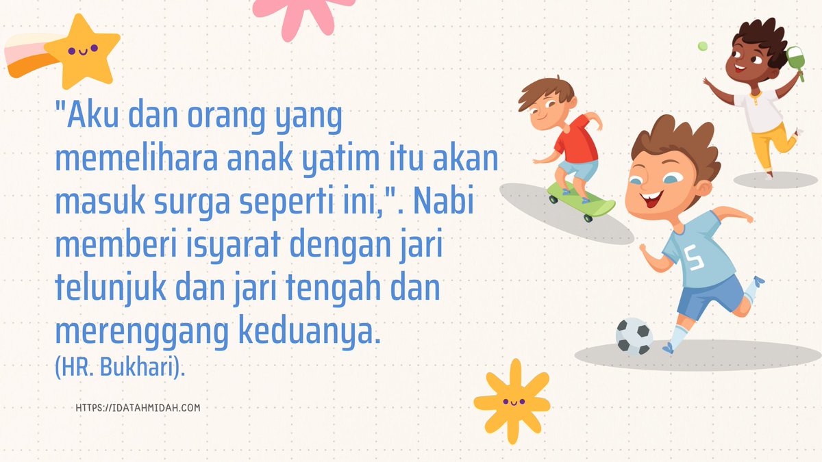 Rasulullah SAW mengingatkan kepada umatnya untuk peduli kepada anak yatim melalui sebuah hadist yang memberikan inspirasi yang luar biasa.  Siapa sih yang di surga nanti tak ingin bergandengan dengan Rasulullah SAW? Masya Allah... #MuliakanYatim