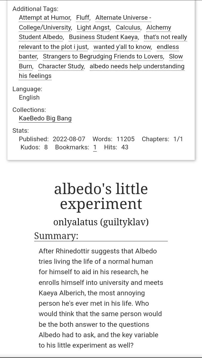 heykaveh's tweet photo. ☆ albedo's little experiment

i'm back at it with my college aus 🤩this fic is an 11k word one-shot about albedo and kaeya's relationship with each other while albedo also dissects his own understanding of humanity and life. I hope you all enjoy my entry for #KaebedoBang2022 ✨ https://t.co/BsyGmMs2rD