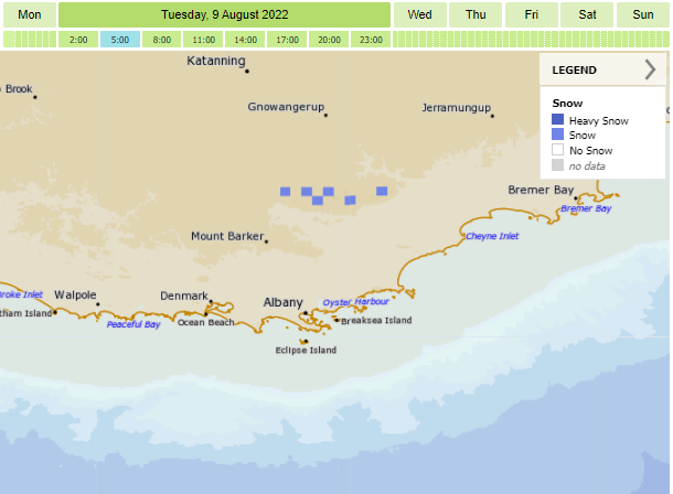 BOM_WA's tweet photo. ❄️ SNOW FORECAST ❄️
The airmass behind today's cold front is looking cold enough for us to get a dusting of #snow on the #StirlingRanges tomorrow morning! Do take care if you're planning on heading up #BluffKnoll, and let us know if you see anything! https://t.co/H8eX6mAx7D https://t.co/XRxhclDRRa