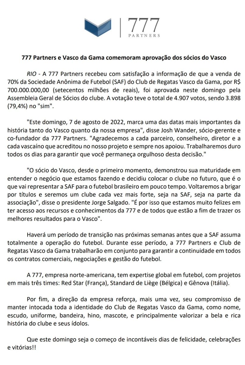 AVascainos's tweet photo. Nota OFICIAL da 777 Partners comemorando a aprovação da parceria com a Vasco SAF! https://t.co/3TzL6U65L6