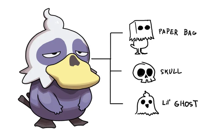 the original concept was to combine the idea of a paper bag with a skull, which I did not realize would also make Psyduck's head look like a little ghost, and I love that it can resemble these 3 things at the same time lol 