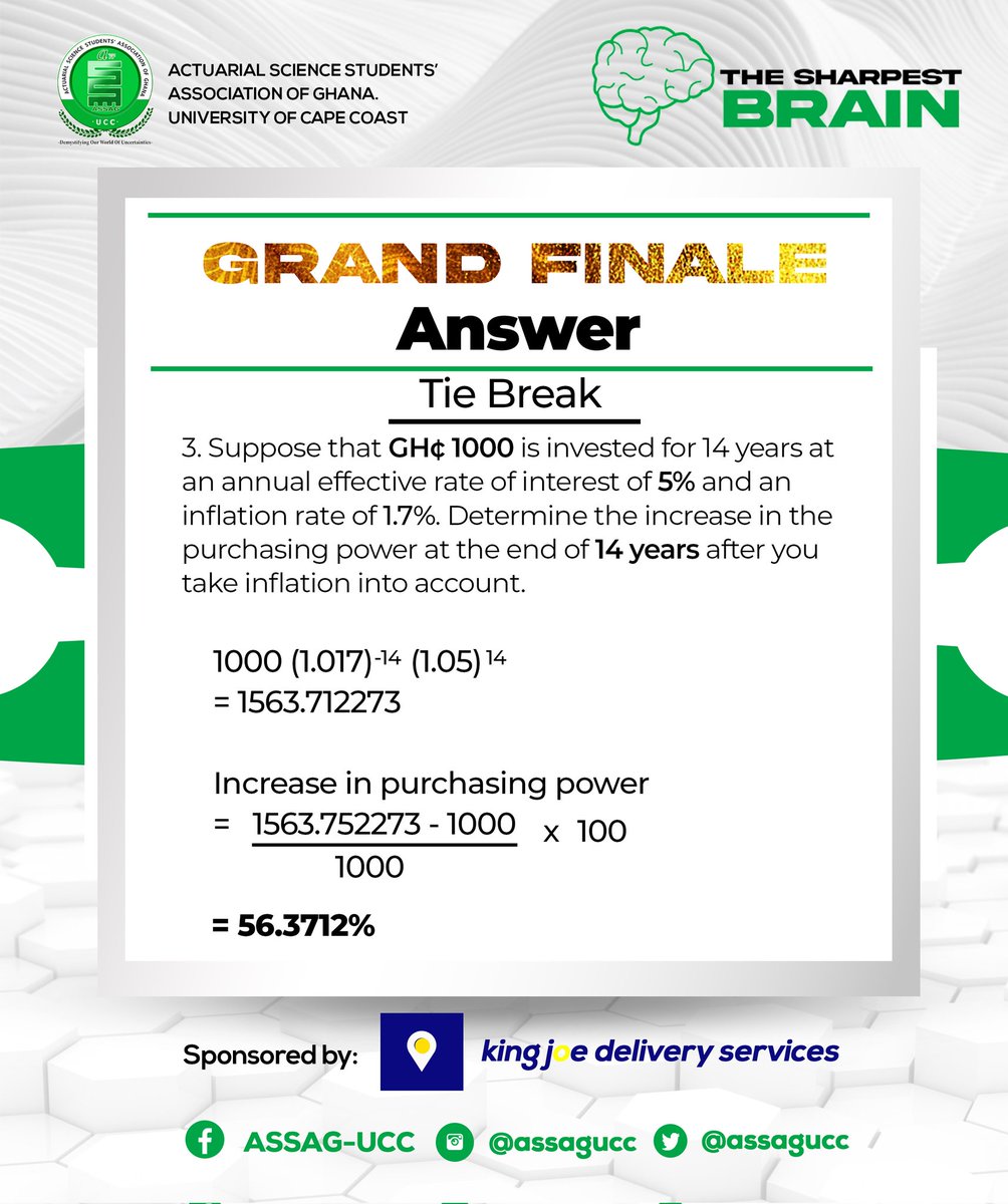 assagucc's tweet photo. The Sharpest Brain Competition 🟢⚪️

Grand Finale Answer (Tie Break)🔥
Who will be the first #sharpestbrain of @assagucc?

Sponsored by @kingjoe_delivery_service

Powered by the #educationcommittee

#thesharpestbrain #assagucc #assaguccat10 #riskourconcern https://t.co/0NaGkk6yFZ