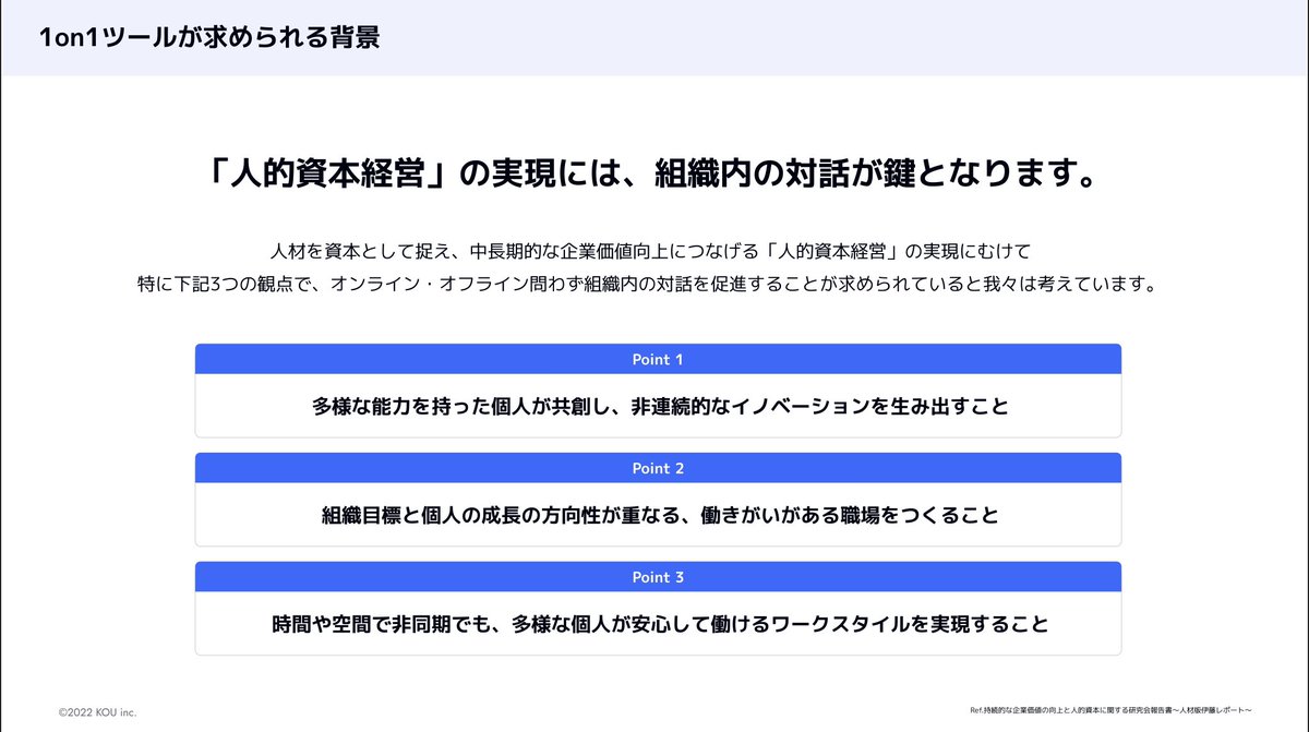 maa20XX's tweet photo. 「人的資本経営」に注目が集まる昨今ですが、emochanの商談をしていても組織内の対話はまだ定着していない感があります。

・チーム内の対話
・上司部下の対話
・テレワークにも対応した対話
から、人的資本経営を実現する要素としても掲げられている以下の3つのポイントを実践していくことが大切。 https://t.co/TqxY0Qwpi2