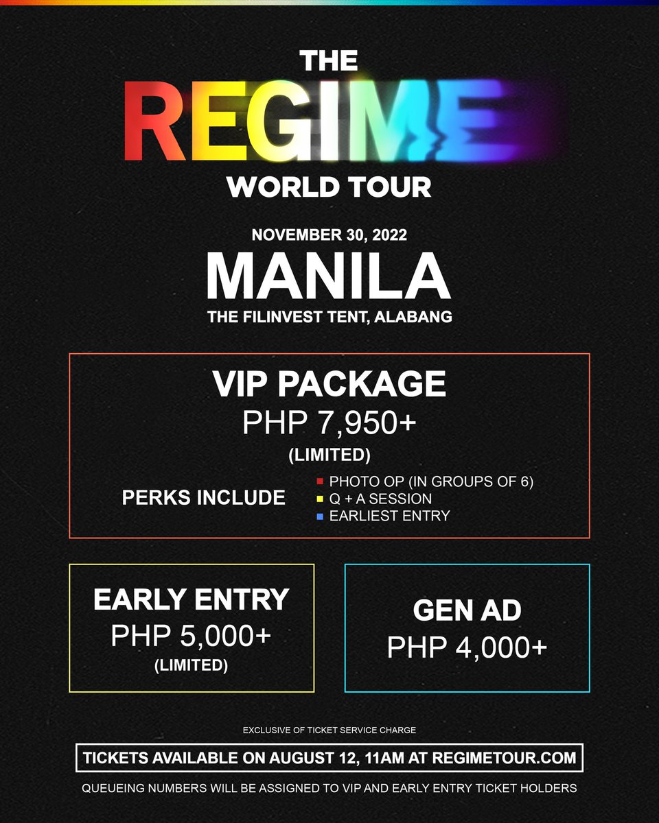 karposmm's tweet photo. DPR: REGIME WORLD TOUR
LIVE IN MANILA 💥

November 30, 2022 
The Filinvest Tent, Alabang

🎫 VIP PACKAGE (PHP 7,950+)
🎫 EARLY ENTRY (PHP 5,000+)
🎫 GEN AD (PHP 4,000+) 
*Prices are exclusive of service charge.

Tickets on sale on August 12, 11AM
via https://t.co/8JjrUCgTXF https://t.co/UgIAA7KBdM