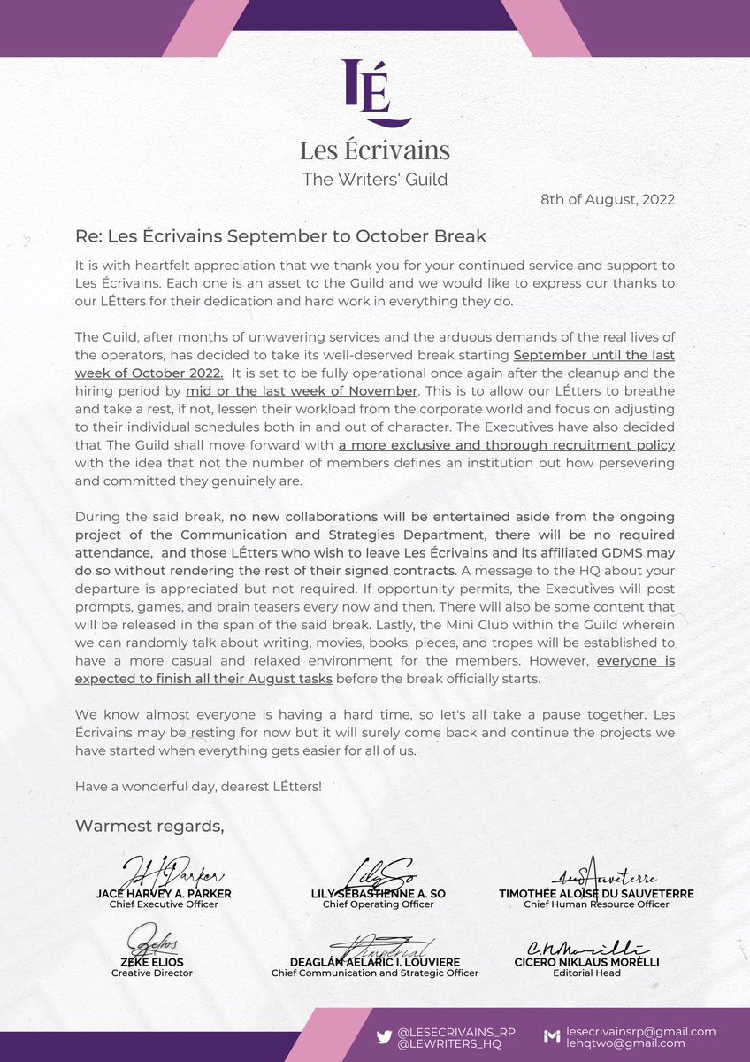 LESECRIVAINS_RP's tweet photo. ㅤ

LÉTTERS: PLEASE READ.
RE: SEPTEMBER TO OCTOBER BREAK

ㅤ https://t.co/gc7tXrcbsY
