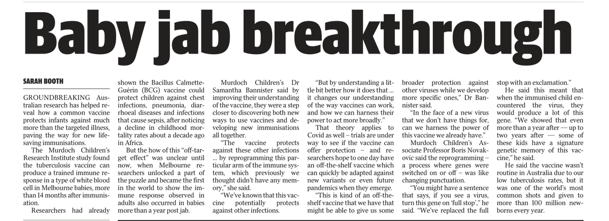 New groundbreaking research led by MCRI has helped reveal how the #BCGvaccine protects #infants against much more than #tuberculosis, paving the way for new lifesaving #immunisations.

Read the full article ⬇️| <a href="/SamiBannister/">Samantha Bannister</a> <a href="/nvk_brs/">Boris Novakovic</a> 
✍️ <a href="/sarahbooth_14/">Sarah Booth</a> <a href="/theheraldsun/">Herald Sun</a>