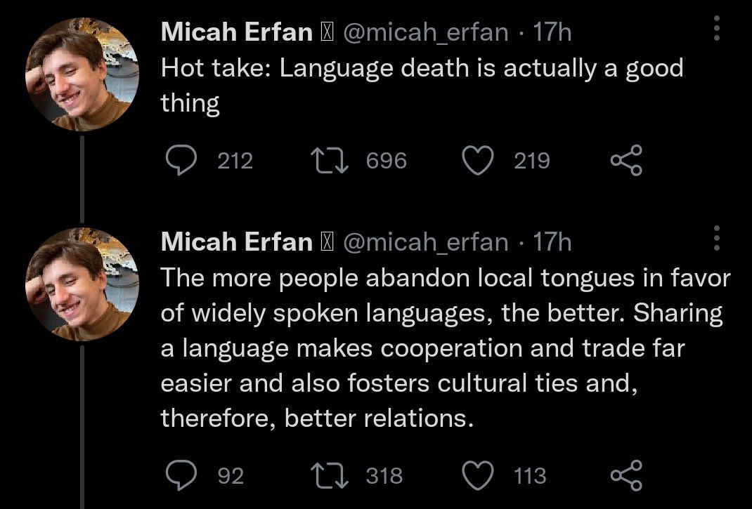 lagunabayfables's tweet photo. This is such a colonizer take. Abandoning local languages feeds into the hegemony and *severs* cultural ties. It severs you from your own culture, and it also kills oral history (which is often the only surviving record we have of some events, esp in Indigenous and/or heavily https://t.co/9qJdxYiLJl