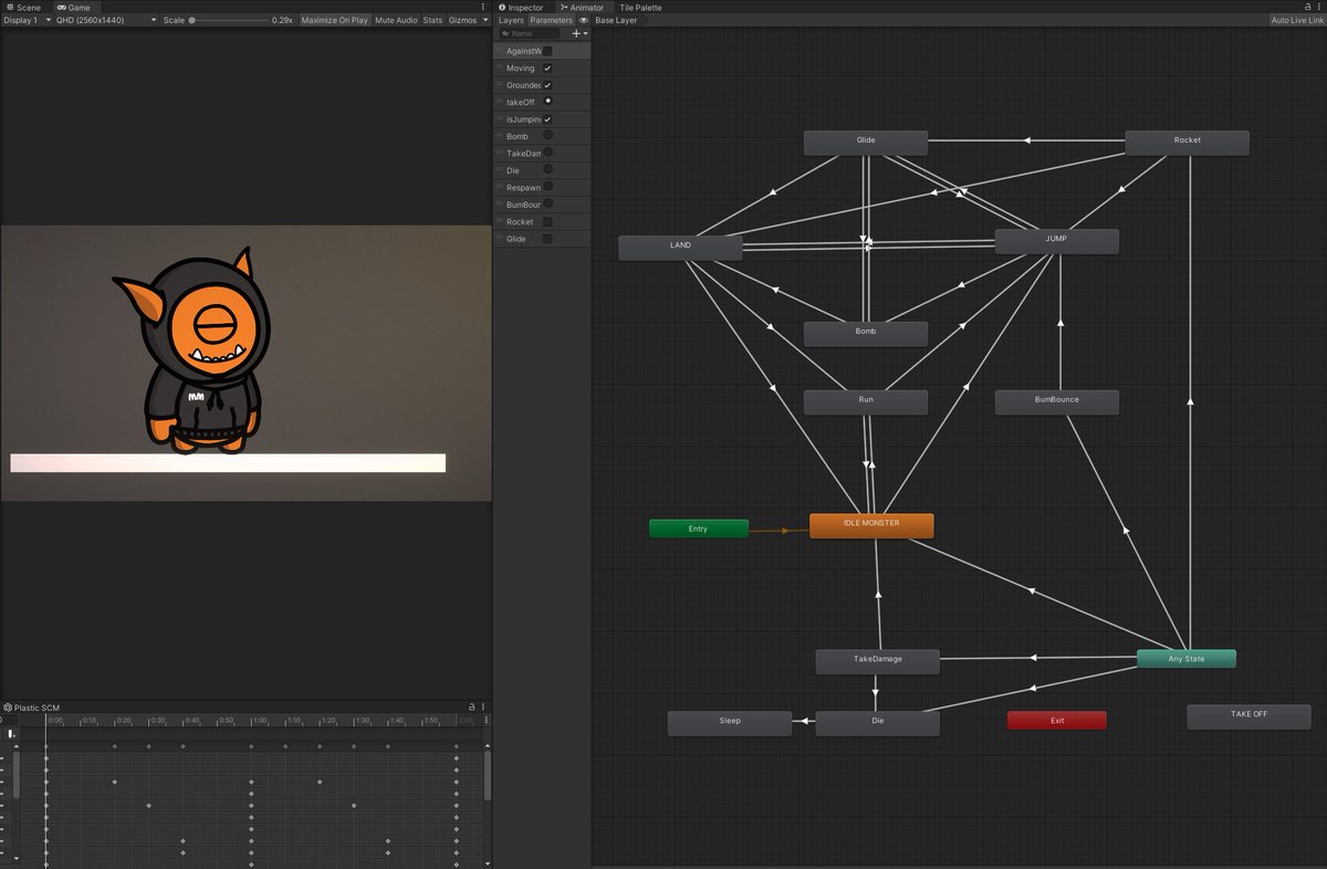 A look under the hood(ie). Get it?
This is the animator and controller used to make our main player come to life. Animations and states needed to interact with his world 🎮

#indiegame #indiedev #IndieGameDev #unity #animation #gamedevs #platformer