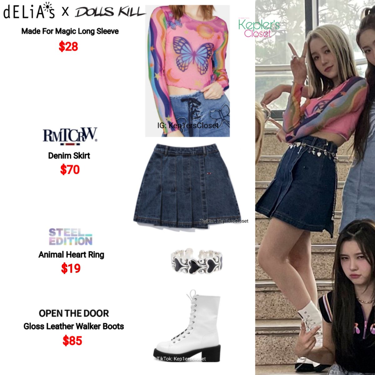 Kep1ersCloset's tweet photo. {UP! - Music Bank 220701}
#Hikaru is wearing:
๐น#dELiA's X #DollsKill Made For Magic Long Sleeve $28
๐น#RomanticCrown Denim Skirt $70
๐น#SteelEdition Animal Heart Ring $19
๐นSteelEdition Unreleased Necklace
๐น#OpenTheDoor Walker Boots $85
ยฉ for Skirt: @bahiyyihstyle ๐๐ป https://t.co/8qyyi0UPlK