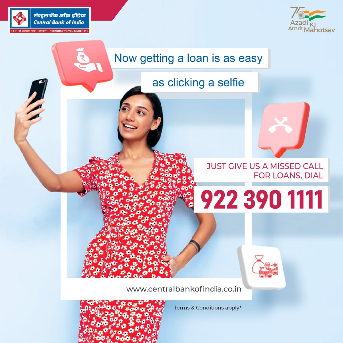 centralbank_in's tweet image. For loans with lower interest rates and fast processing, 

 just give us a missed call on 9223901111.    

#Loans
#AzadiKaAmritMahotsav
#CentralToYouSince1911