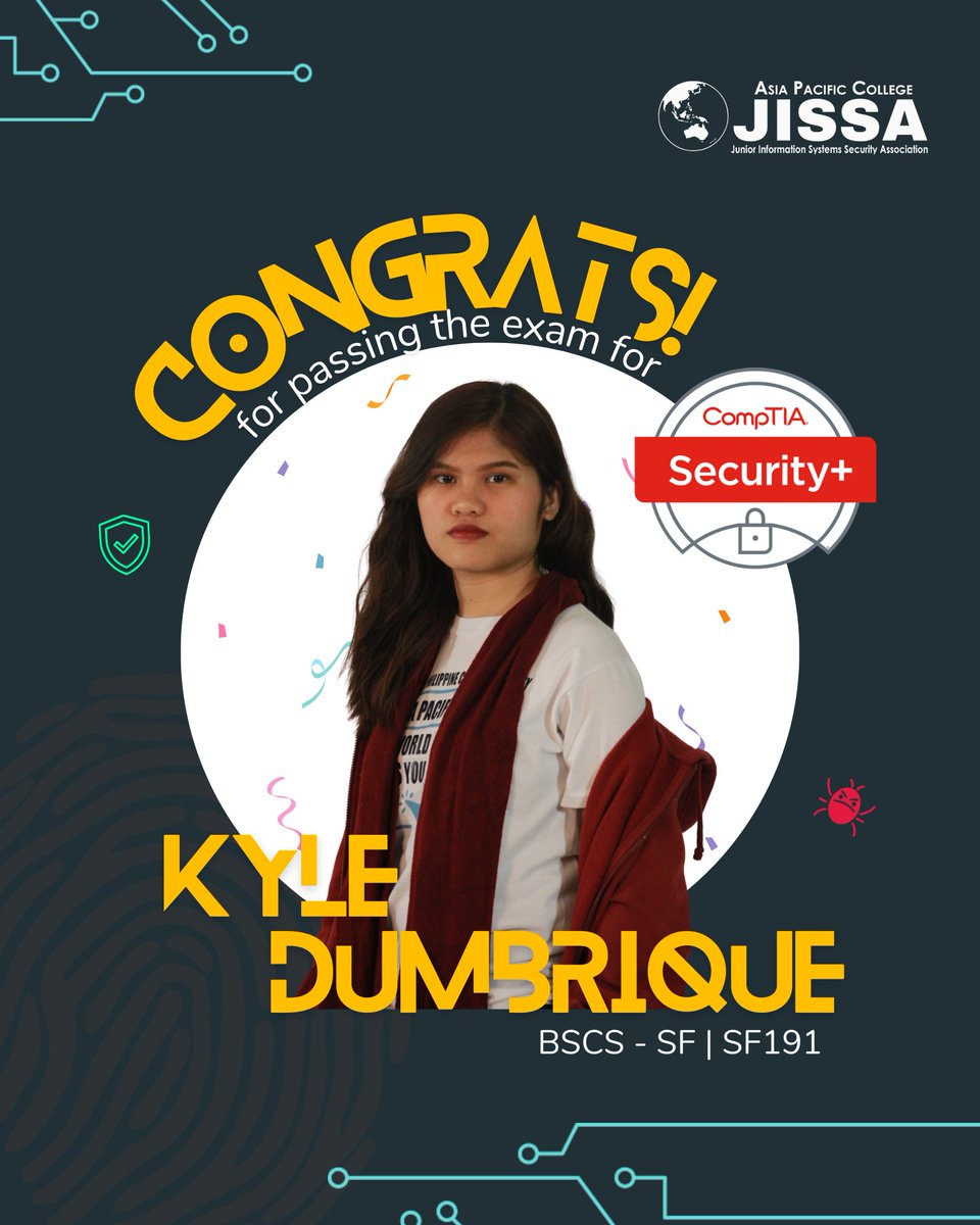 apc_jissa's tweet photo. \Congratulations to our previous JISSA-APC President, Kyle Dumbrique, for passing the CompTIA Security+ examination! We knew that your efforts and dedication has led to this moments and that you will continue to strive and do your best in the future.

#BeARam https://t.co/8MTju1k5jw
