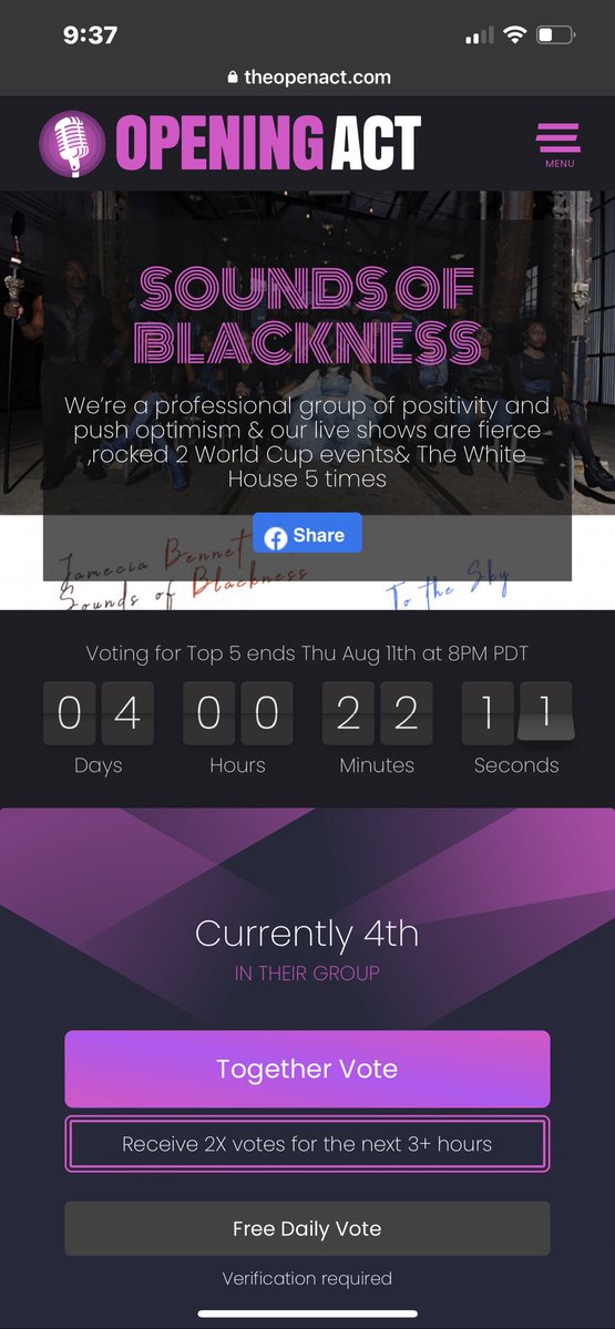 Have you voted today?! We need your votes to stay at the top to reach the #top5 to perform at <a href="/hollywoodbowl/">Hollywood Bowl</a> Go right here to vote 👉🏾theopenact.com/2022/sounds-of… #openact #openingact #audacy #hollywoodbowl