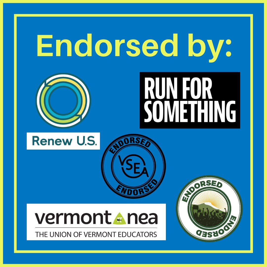 I am proud to be endorsed by Renew U.S., Rights &amp; Democracy, Run For Something, VT-NEA, and VT State Employee’s Association. The support from these organizations, as well as from fellow VTers and former students, means the world to me. I’m feeling grateful for all of the support.