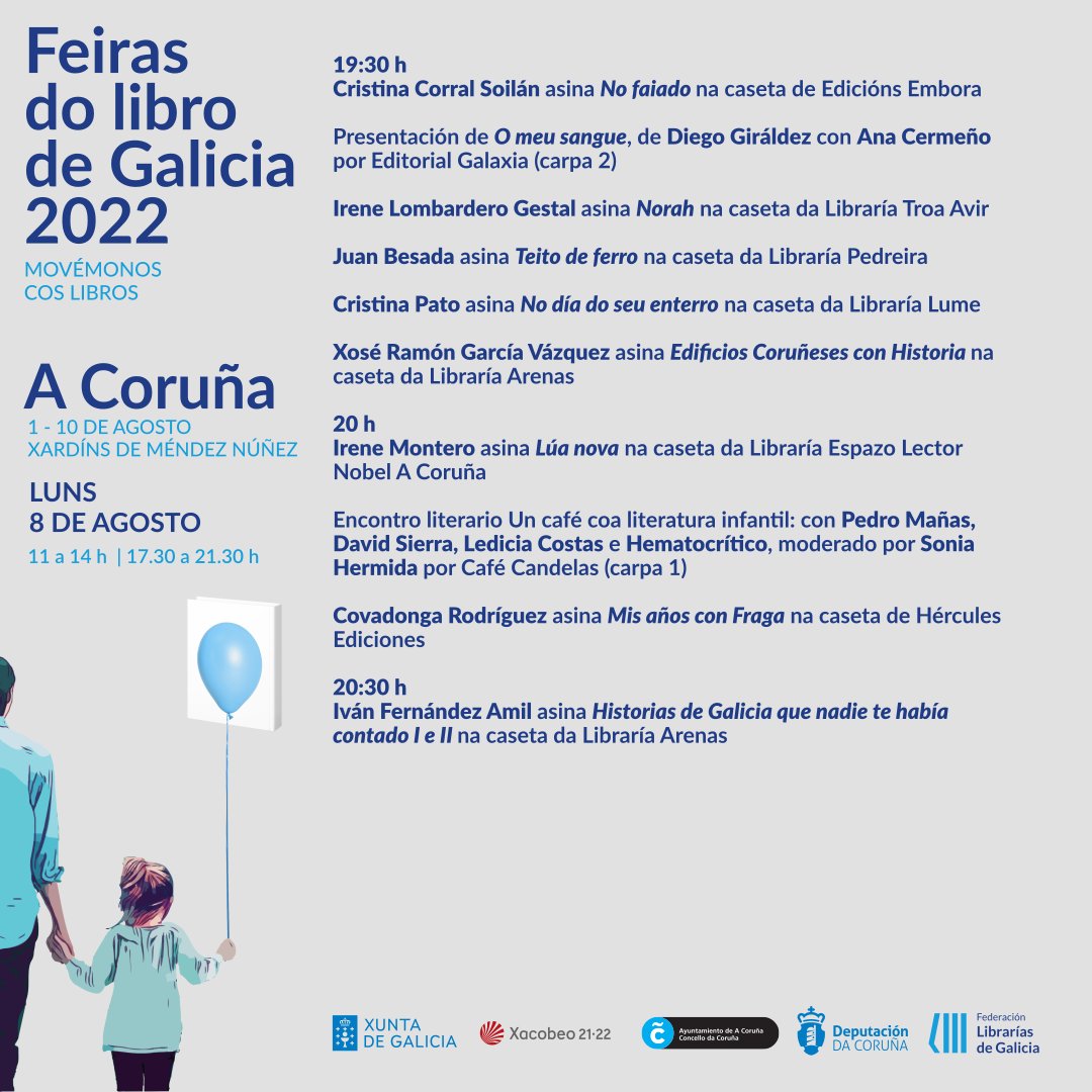 Arrancamos unha nova semana da #FeiradoLibro da Coruña! 💙📘📘📘

Xa só quedan tres días da festa da lectura nos Xardíns de Méndez Núñez! Non a vaias perder! Deixamos aquí o programa de hoxe

#MovémonosCosLibros