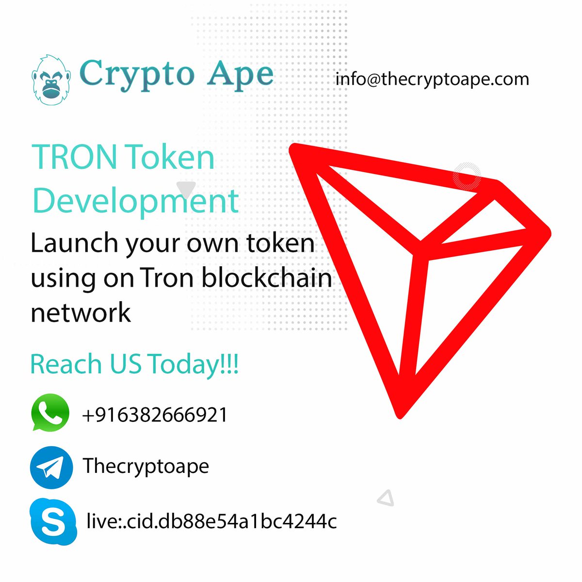 ThecryptoapeO's tweet photo. Launch your own token by using on #tron blockchain network. Kindly reach us => https://t.co/OGtQfI6J8v
#bitcoin #cryptocurrencies #tron #development #tokendevelopment #token #tokens #trontoken #ico #development #developer #blockchaintechnology #Blockchain #nftdevelopment https://t.co/21Er5wgdIF