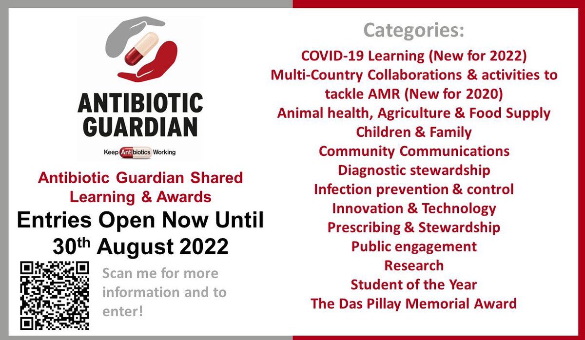 The global #AntibioticGuardian Shared Learning &amp; Awards event is open for submissions: 13 categories, including the new ‘COVID-19 Learning’ category &amp; multi-country collab. Deadline: Tuesday 30th August. antibioticguardian.com/antibiotic-gua….    #KeepAntibioticsWorking. Pls RT &amp; share off SoMe