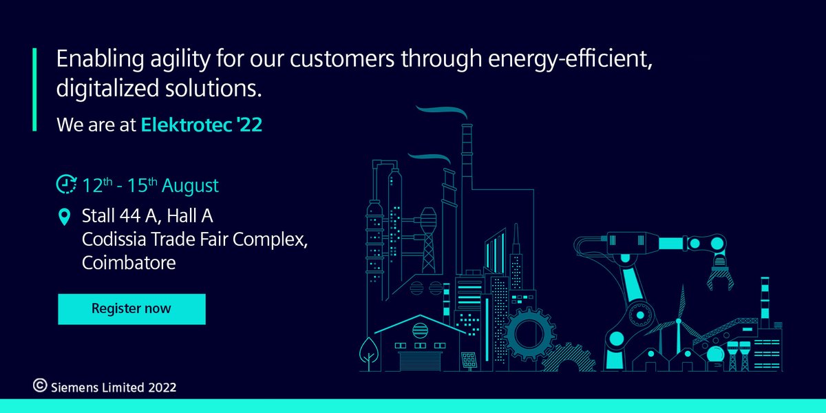 SiemensIndia's tweet photo. At Elektrotec 2022, we are showcasing technology that focuses on energy efficiency by leveraging digitalization, thereby enabling agility for industry and infrastructure. Visit us from 12th - 15th August to know more.

Register now at https://t.co/zMmmEHb4Zm https://t.co/axWcY4j9dH