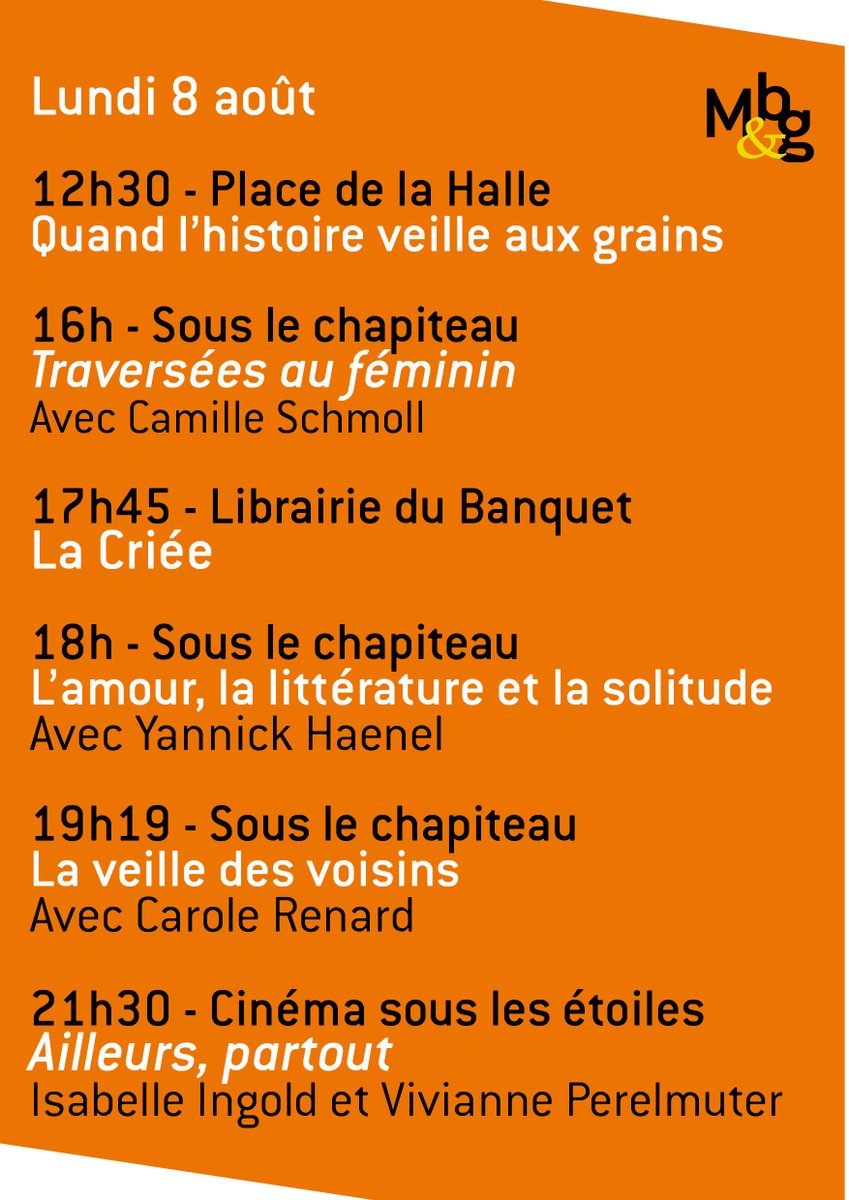 // Banquet du livre d'été //
Voici le programme de la journée de lundi, avec le Grand Petit Déjeuner, Quand l'histoire veille aux grains, Camille Schmoll, Yannick Haenel, Isabelle Ingold et Vivianne Perelmuter. 
Tout le programme : bit.ly/3PWiuiw