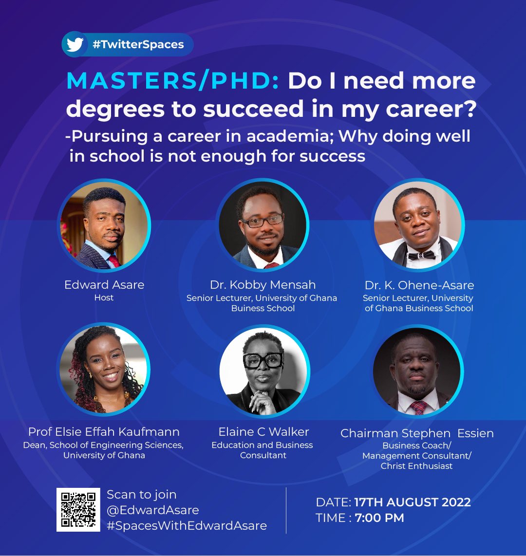 Should I get more degrees or focus on work experience?

I want to be a Professor. Where do I start? 

Why good grades is not enough to be successful

I don’t want to be a Professor. Do I need masters/PhD?

Choosing the right course of study 

Reminder 👉🏾x.com/i/spaces/1zqJV…