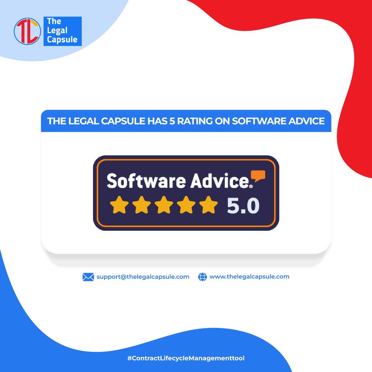 Contractzy's tweet image. We are excited to share that We have a 5 Star Rating on the Software Advice platform.
So Are You Too Excited to Enjoy the benefits of The Legal Capsule tool?
Request for a Demo NOW!

lnkd.in/dKAaXv6

#legal #TheLegalCapsule #CLMsoftware #contractmanagementsoftware