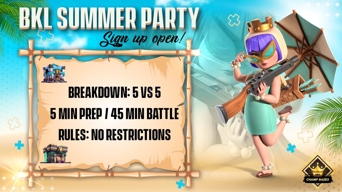 Hello everyone!
Did you really think the party was over?! It just got bigger! BKL Summer Party — now open for TH13 and TH14!

Prizes:
1st place — $30
2nd place — Pro Base Pack

The fun is just beginning!
Registration here: discord.gg/Jp8wAW5qYn

#BlitzkriegLeague #ClashOfClans