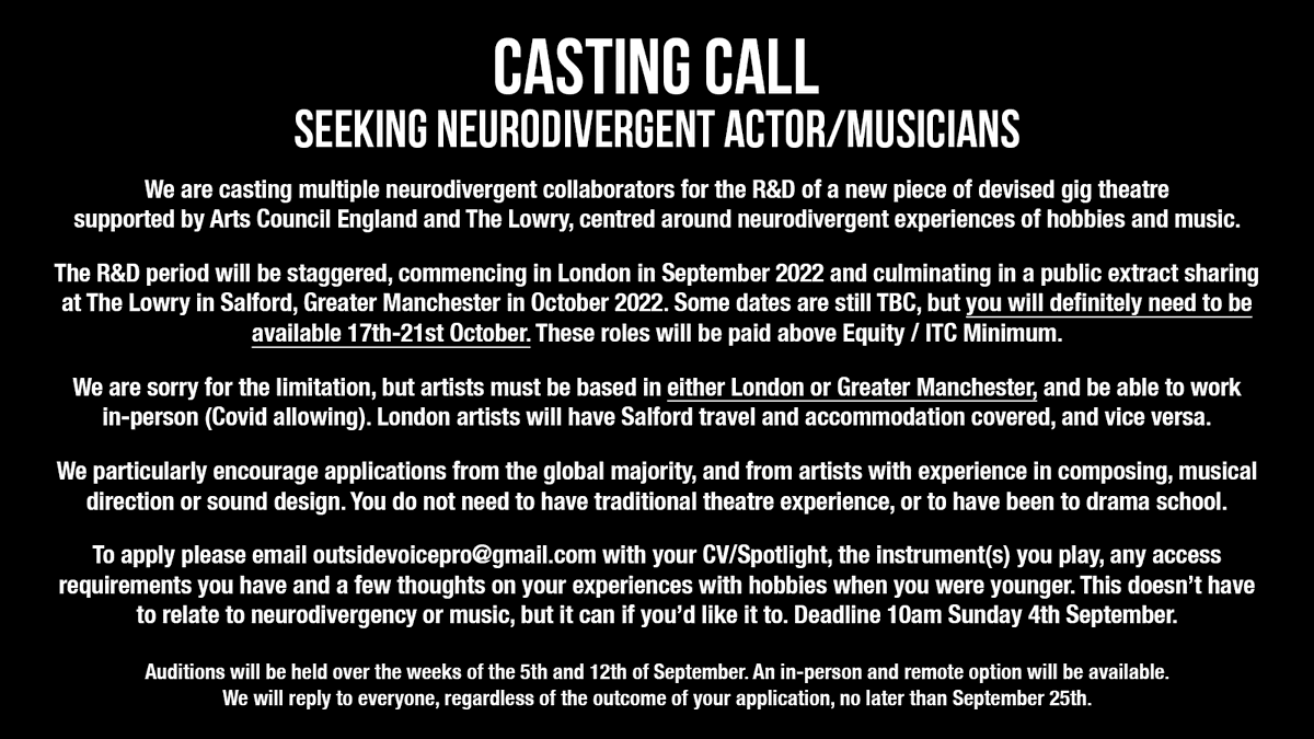 🎉 CASTING NEURODIVERGENT ACTOR/MUSICIANS

The team behind GOBBY are casting for the R&amp;D of their brand new gig theatre show. Supported by <a href="/The_Lowry/">Lowry</a> and Arts Council England.

Info all available in the image (also available in alt text). Please share far and wide! ✨