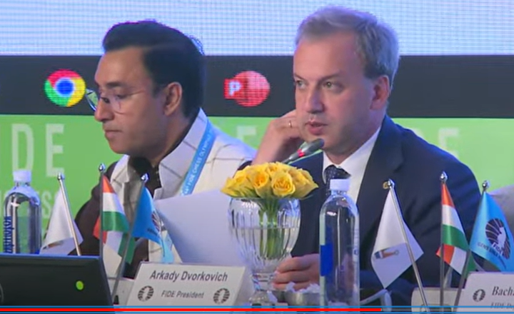 Meyer_Dunker's tweet photo. "Interesting" what new Russian @FIDE_chess president @advorkovich just said at the #FIDEcongress:
„The matter of participation of Russian and Belarus teams in competitions - now we stay with the recommendations with IOC... (1/4) https://t.co/FNiENU4kvl