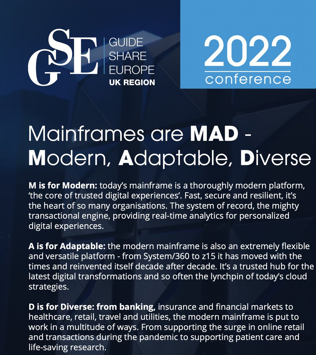 Save these conference dates, you’ll be MAD if you miss them! 
GSE UK Conference events: 1-3 Nov 2022 (In-person at Whittlebury Hall, Northants) &amp; 7-9 Feb 2023 (Virtual). 

zcu.io/fpIT 

#gseukc #mainframe #ibmz