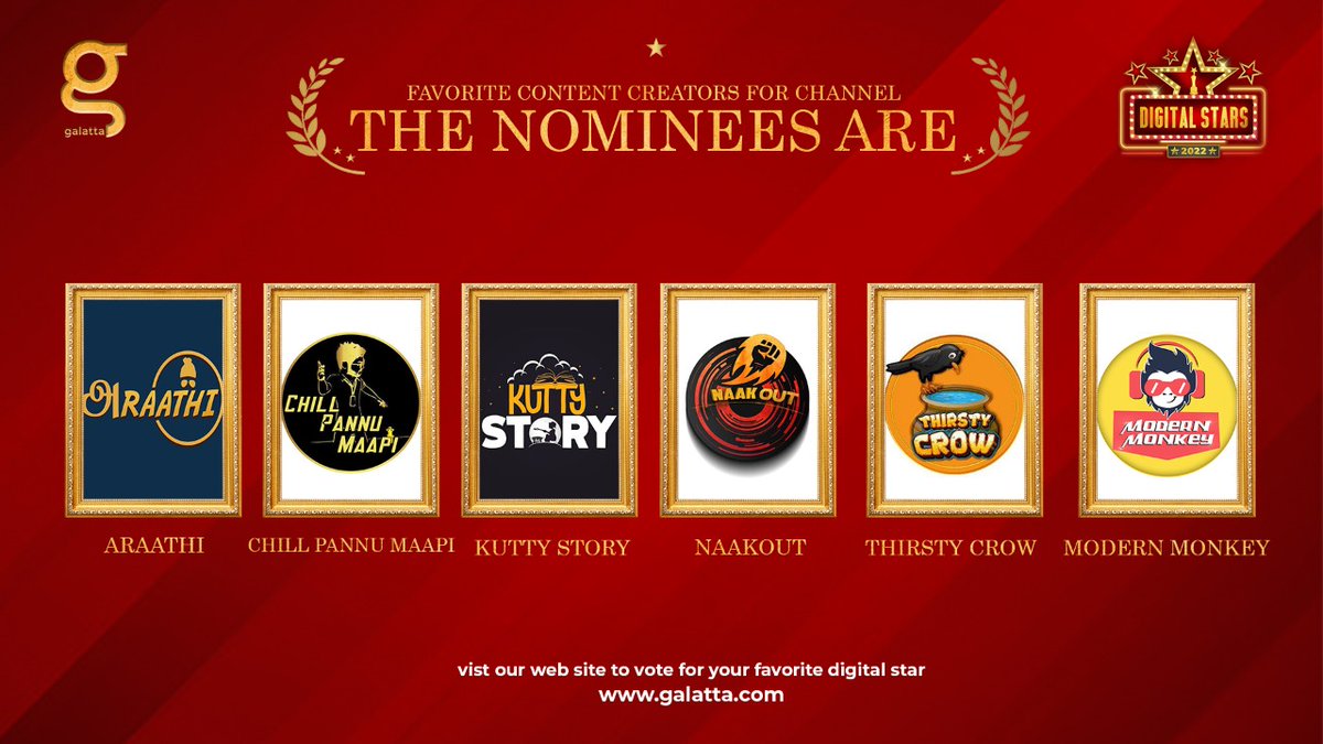 galattadotcom's tweet photo. Cast the vote for your favourite #ContentCreators for channel and make them win! 🏆

👉 Click here to vote: https://t.co/opt067hEki

#DigitalStars2022 #Galatta #Araathi #ChillPannuMaapi #KuttyStory #Naakout #ThristyCrow #ModernMonkey https://t.co/0Ky2gZTI3A