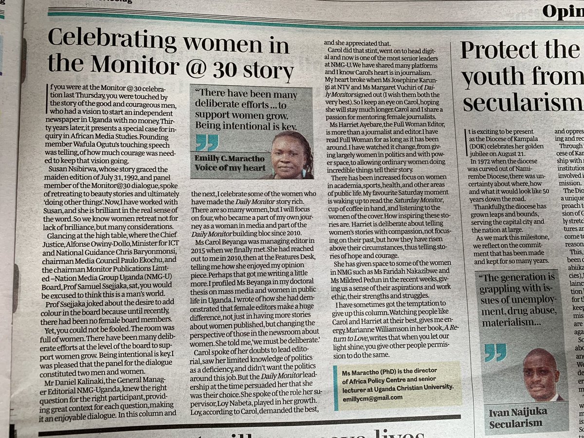 Thank you Dr @EMaractho for this piece about the women in the #MonitorAt30 story. Cheers to @Akeda3 @HarrietNayebare @Vuchiri_Alumai @f_aduk @APeninah @gkenganzi @justinejulietr1 and all the women who have worked hard to make the Monitor story richer