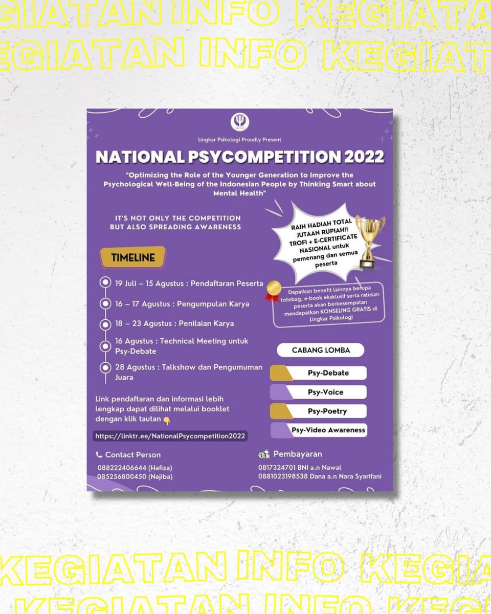 ILMPI_Wil1's tweet photo. [Media Partner]

[NATIONAL PSYCOMPETITION 2022] Pendaftaran di buka hingga 15 Agustus 2022
Link pendaftaran dan informasi lebih lengkap dapat klik di tautanini👇🏻
https://t.co/AiUSxNGkeJ
Jangan lupa follow Instagram kami @psycircle.id
Info lebih lanjut 👉Instagram : @ilmpi_wil1 https://t.co/4AQqyUmPRA