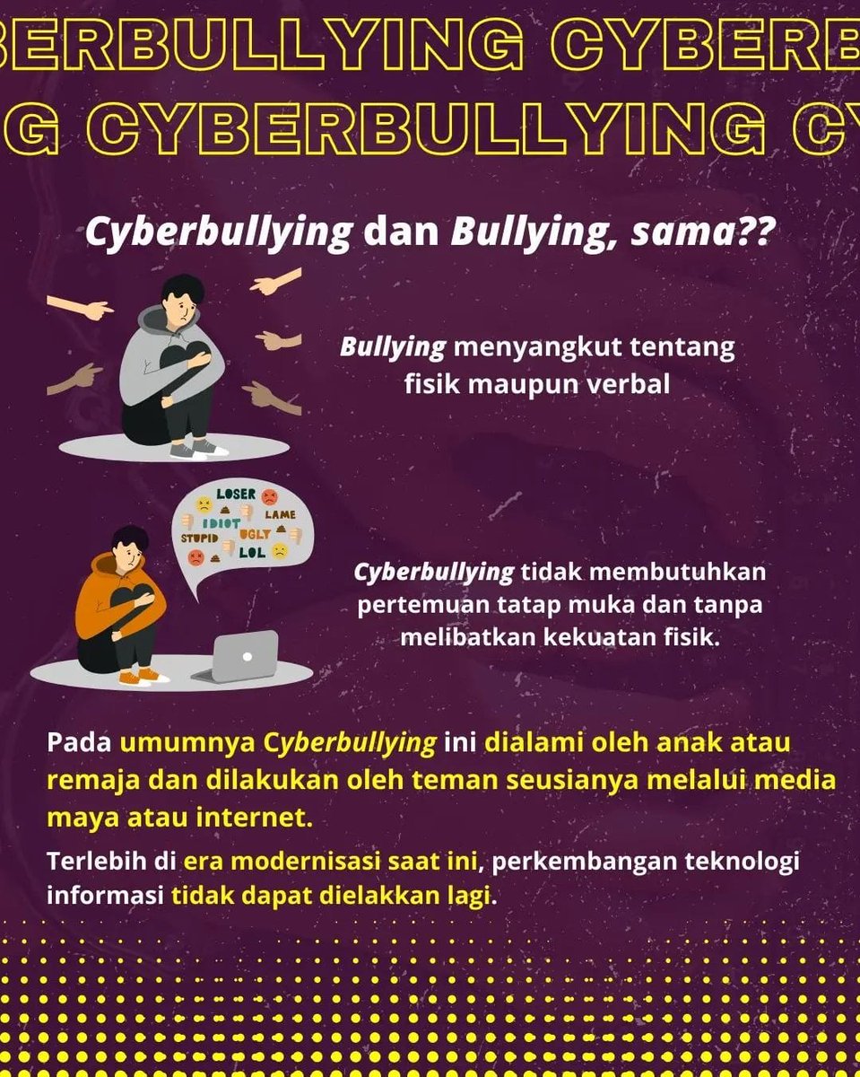 ILMPI_Wil1's tweet photo. [ GUARDIAN : CYBERBULLYING ] ✨

Apa itu Cyberbullying? Samakah dengan bullying? 
Cyberbullying atau perundungan adalah tindakan yang dilakukan dengan cara menyalahgunakan internet untuk melecehkan, mengancam, mempermalukan, hingga mengejek orang lain.

👉Instagram : @ilmpi_wil1 https://t.co/yix4cFaHBk