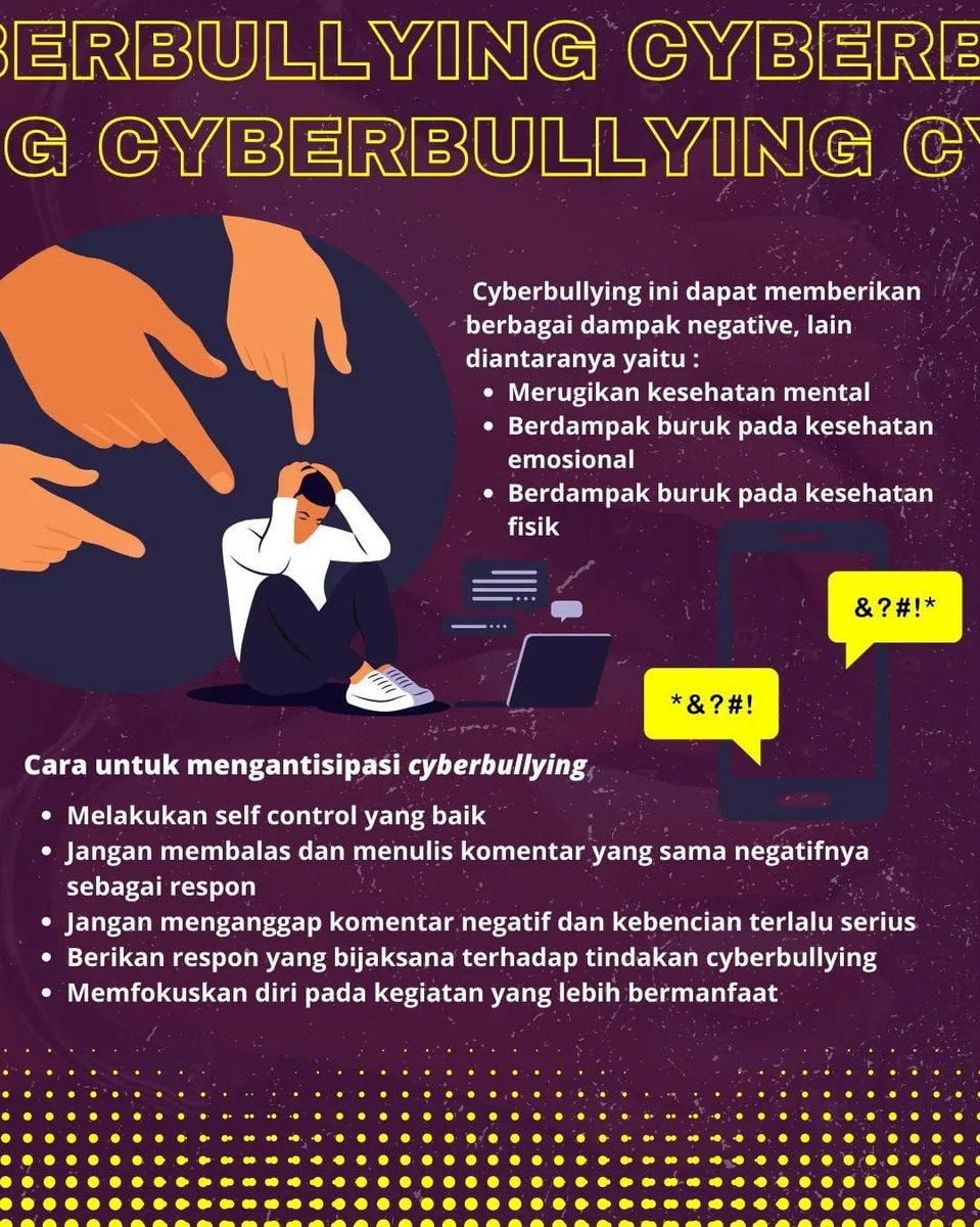 ILMPI_Wil1's tweet photo. [ GUARDIAN : CYBERBULLYING ] ✨

Apa itu Cyberbullying? Samakah dengan bullying? 
Cyberbullying atau perundungan adalah tindakan yang dilakukan dengan cara menyalahgunakan internet untuk melecehkan, mengancam, mempermalukan, hingga mengejek orang lain.

👉Instagram : @ilmpi_wil1 https://t.co/yix4cFaHBk