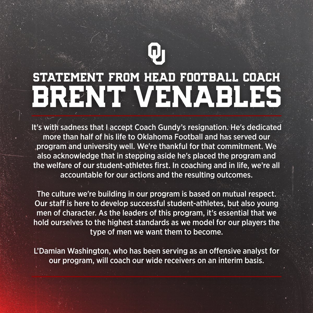 Statement from head football coach Brent Venables: