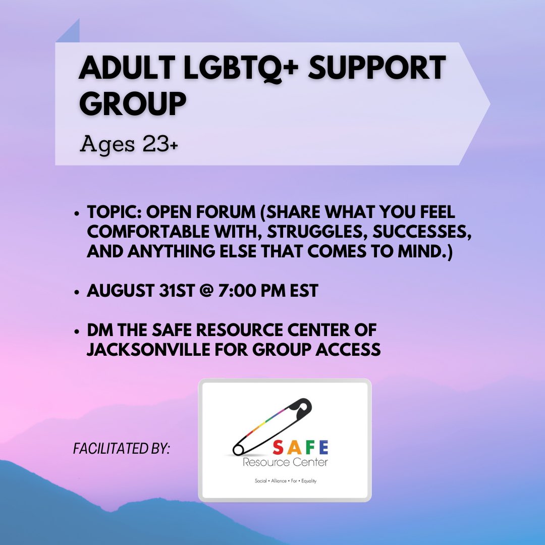 jax_safe's tweet photo. Join us August 31st at 7:00 P.M. for our monthly LGBTQIA+ support group for adults. We have both in-person and online options (through Zoom) for those near and far. DM us for group access. 

 #support #lgbt #lgbtq🌈 #lgbtqia #nonprofit #trans #queer #community #SAFE https://t.co/hrHAY3mFoY