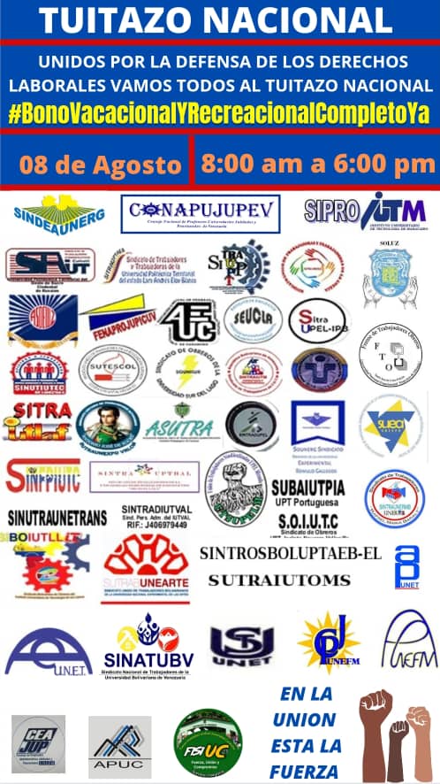 EN LA UNION ESTA LA FUERZA... TODOS AL TUITAZO NACIONAL LUNES 08 DE AGOSTO con el hastag #BonoVacacionalYRecreacionalCompletoYa
