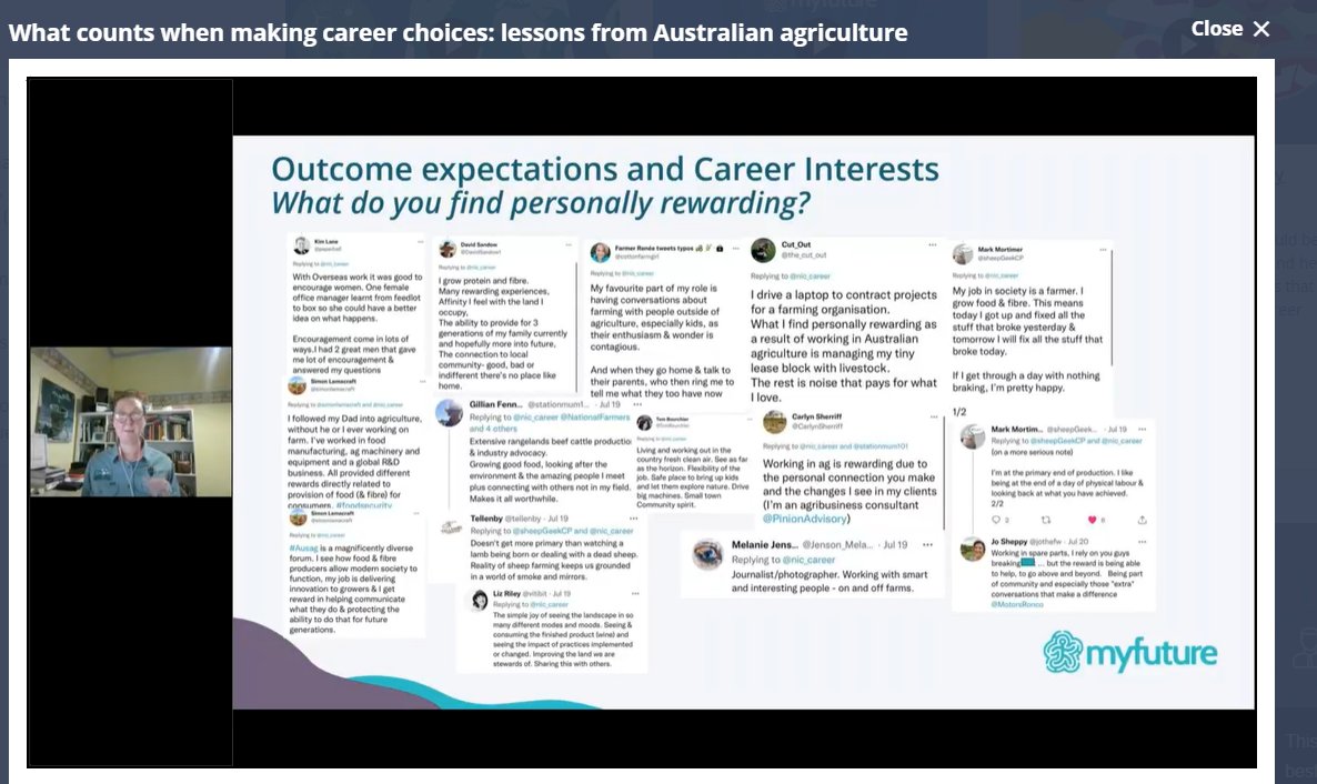 A huge thanks to #AgTwitter for helping me illustrate the incredible outcomes work in ag can offer. This is a slide from the <a href="/myfutureAU/">myfuture</a> educators webinar on "What counts when making career choices: Lessons from Australian agriculture. Recording is here: myfuture.edu.au/assist-others/…