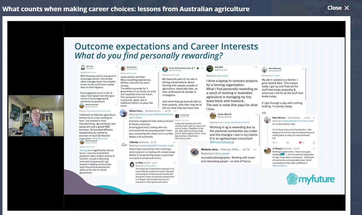 A huge thanks to #AgTwitter for helping me illustrate the incredible outcomes work in ag can offer. This is a slide from the @myfutureAU educators webinar on 'What counts when making career choices: Lessons from Australian agriculture. Recording is here: myfuture.edu.au/assist-others/…