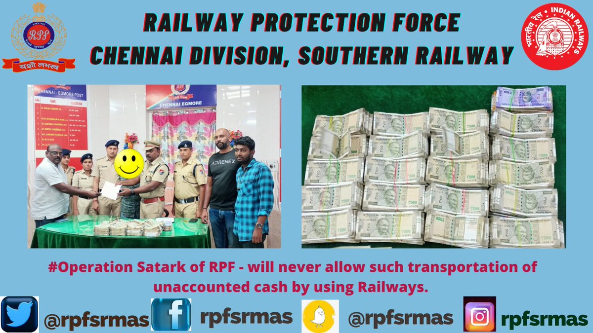 Train escort staff #Chennai Egmore detained 1 male person with bag containing cash without bill or voucher in train. The above said person with seized unaccounted cash Rs.51,88,500/- were handed over to the Income Tax Officer, by RPF Post Commander, Egmore for further disposal.