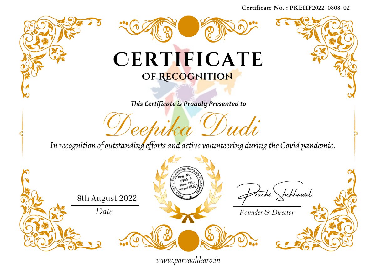 Parvaahkaro's tweet photo. Hello @dudi_deepika,
Thank you for your remarkable efforts. Kindly accept this certificate as a token of appreciation towards your contribution.
We can't thank you enough for all the efforts made by you to make this world a better place.

#Parvaahkaro https://t.co/BvgEBsnyV6