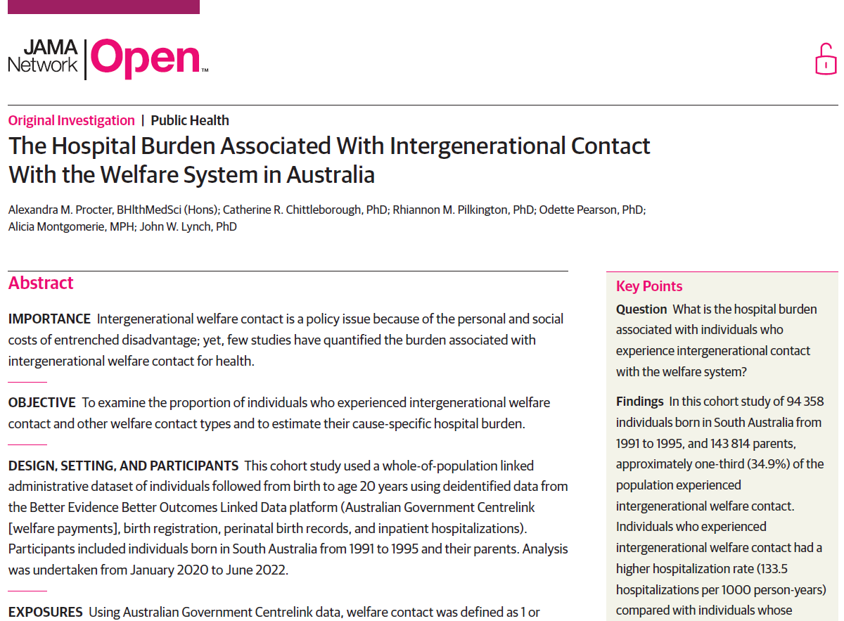 alexprocter_'s tweet photo. 📣1st PhD paper out in @JAMANetworkOpen!✨

1 in 3 young people experienced intergenerational welfare contact. Tweetorial to come! 😊

Read it here: https://t.co/DiWTubtVA0

A privilege to have developed this wt @chittles74 @rhipilkington @AliciaMonty Odette Pearson, John Lynch https://t.co/ZnmfLftiz5