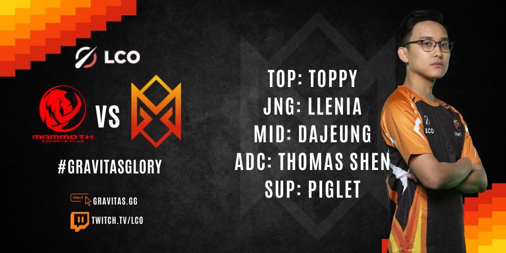 GRAVITAS GAME TIME ⏰

#GravitasSquad ⚔️  🆚 @Mammoth_OCE 🦣

<a href="/LCO/">LCO</a> @LoLEsports @RiotEsportsOCE on Twitch now → twitch.tv/lco

#GravitasGlory #GRVWin #MECvsGRV