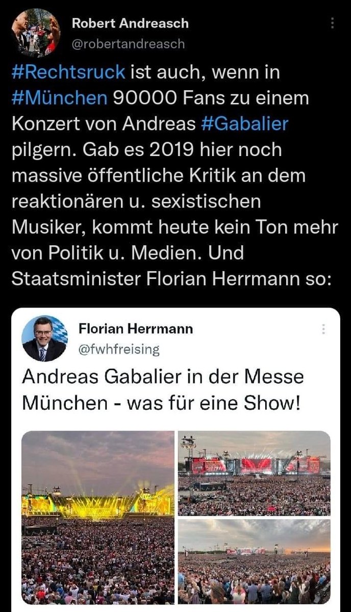 schweizok2's tweet photo. ⁦@robertandreasch⁩, wo bitte ist Andreas #Gabalier rechts, reaktionär + sexistisch 🤷‍♂️
Man muss seine Musik + seine Meinung nicht mögen. 
Trotzdem gilt “immer noch” freie Meinungsäußerung!
@fwhfreising⁩, schön, das ihnen das Konzert gefallen hat 👍👏 https://t.co/HANUd5eh1j